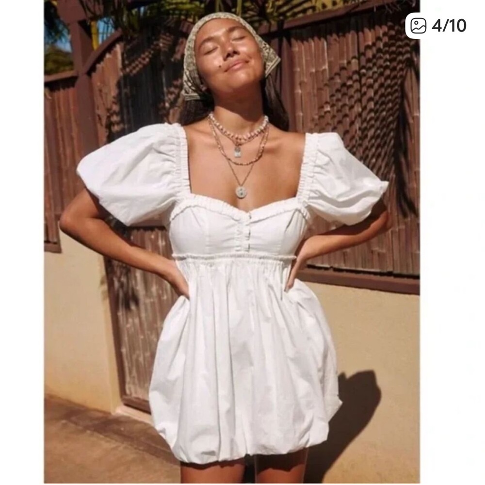Free People Rendezvous Me White Puff Sleeve Mini Dress